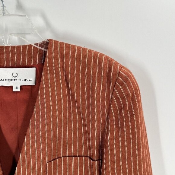 Alfred Sung Vintage Linen Blend Brown Striped Blazer Sz 8 Shoudler Pads - Picture 3 of 7